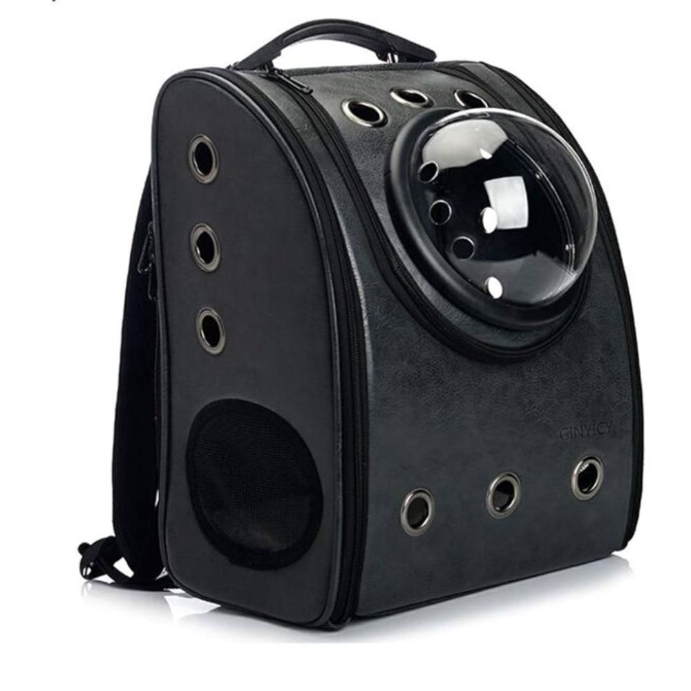 Dark Grey Vegan Leather Pet Carrier Backpack with Bubble Window